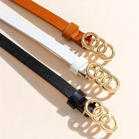 3 BELTS Embossed PU Leather Thin Triple O Ring Black Brown White Stylish Glam - Picture 3 of 4